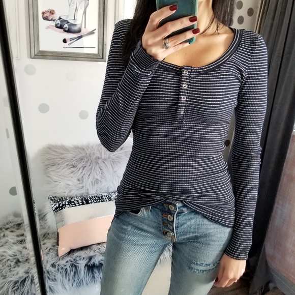 SALE Navy Stripe Henley Top Rib Knit Top - Picture 2 of 8